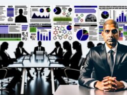 Souveräner SEO-Experte sitzt am modernen Konferenztisch, umgeben von Monitoren mit SEO-Dashboards und KPIs, im Hintergrund unscharfe Agenturvertreter mit flachen Werbeslogans.