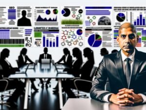 Souveräner SEO-Experte sitzt am modernen Konferenztisch, umgeben von Monitoren mit SEO-Dashboards und KPIs, im Hintergrund unscharfe Agenturvertreter mit flachen Werbeslogans.