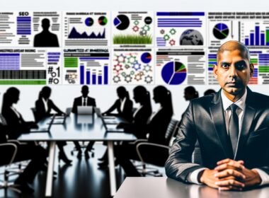 Souveräner SEO-Experte sitzt am modernen Konferenztisch, umgeben von Monitoren mit SEO-Dashboards und KPIs, im Hintergrund unscharfe Agenturvertreter mit flachen Werbeslogans.