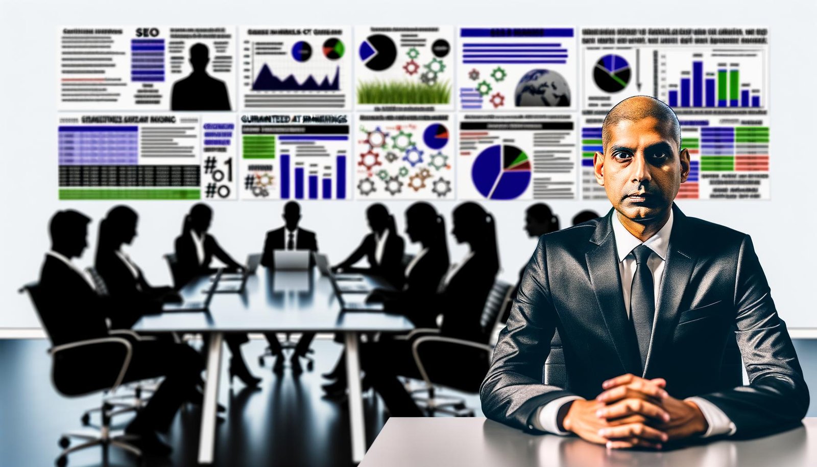 Souveräner SEO-Experte sitzt am modernen Konferenztisch, umgeben von Monitoren mit SEO-Dashboards und KPIs, im Hintergrund unscharfe Agenturvertreter mit flachen Werbeslogans.
