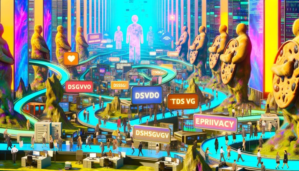 Farbenfrohe digitale Illustration eines modernen Marketing-Dschungels 2024 mit Geschäftspersonen, Cookie-Hinweisen, Rechtsdokumenten zu DSGVO/TTDSG/ePrivacy, Datenschutz-Polizisten und einem Mix aus Faxgeräten und digitalen Dashboards.