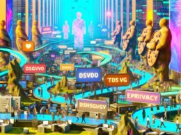 Farbenfrohe digitale Illustration eines modernen Marketing-Dschungels 2024 mit Geschäftspersonen, Cookie-Hinweisen, Rechtsdokumenten zu DSGVO/TTDSG/ePrivacy, Datenschutz-Polizisten und einem Mix aus Faxgeräten und digitalen Dashboards.