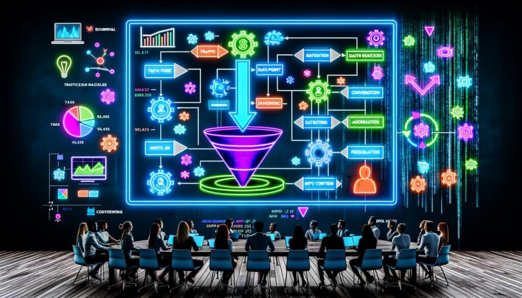 Digitales Marketing-Team analysiert einen komplexen Conversion-Funnel am Touchscreen-Tisch mit leuchtenden Daten und Echtzeit-Analysen in moderner Büroumgebung.