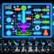 Digitales Marketing-Team analysiert einen komplexen Conversion-Funnel am Touchscreen-Tisch mit leuchtenden Daten und Echtzeit-Analysen in moderner Büroumgebung.