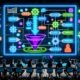 Digitales Marketing-Team analysiert einen komplexen Conversion-Funnel am Touchscreen-Tisch mit leuchtenden Daten und Echtzeit-Analysen in moderner Büroumgebung.