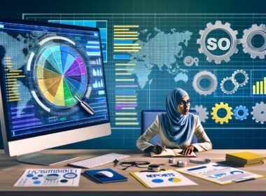 Moderne SEO-Analyse: Desktop-Monitor mit Balkendiagrammen und technischer Auswertung, am Schreibtisch sitzende Person analysiert Daten und macht Notizen.