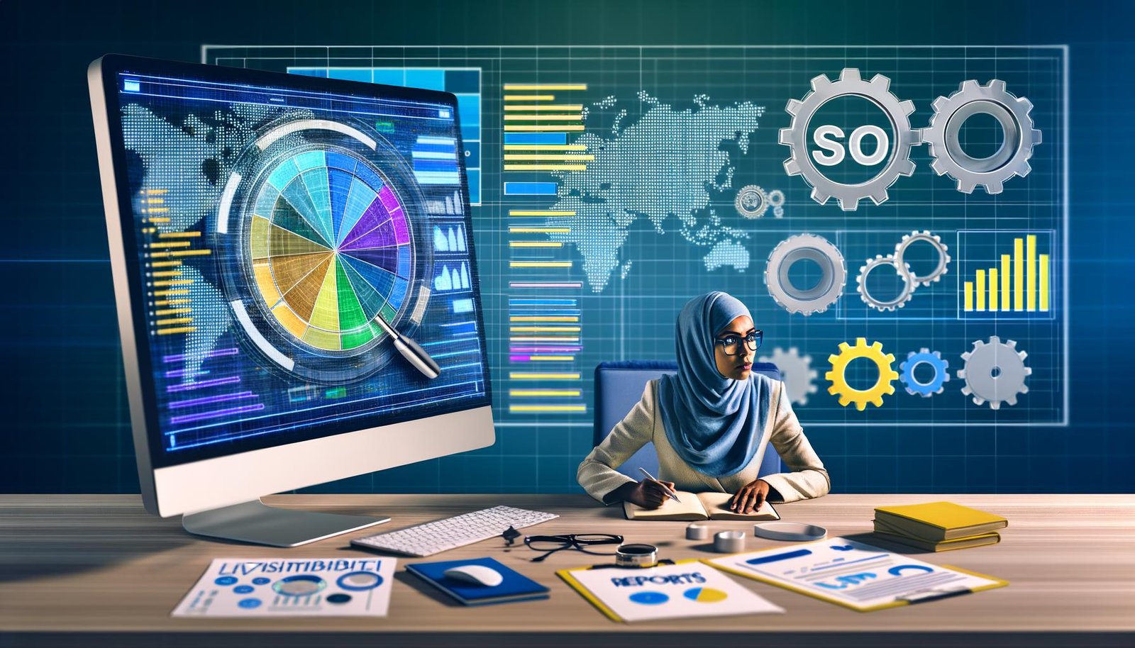 Moderne SEO-Analyse: Desktop-Monitor mit Balkendiagrammen und technischer Auswertung, am Schreibtisch sitzende Person analysiert Daten und macht Notizen.