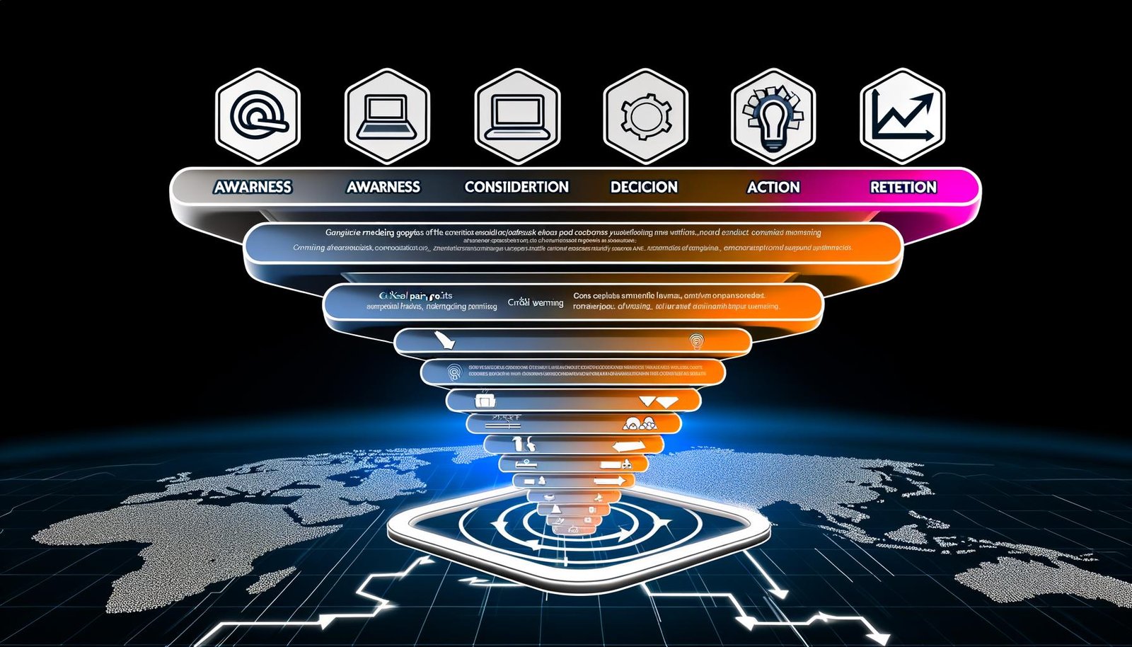 Modern gestaltete Infografik der fünf Phasen der Conversion Journey im Online-Marketing mit strukturiertem Funnel, markanten Icons und Warnhinweisen vor technischen Schwachstellen auf abstrakter, digitaler Kartenkulisse.
