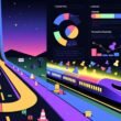Illustration eines modernen ICE, der auf einer digitalen Autobahn durch eine neonfarbene Landschaft in einen stylischen Conversion-Funnel fährt. Analytik-Icons und digitale Tools umgeben die Szene.