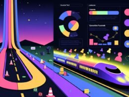Illustration eines modernen ICE, der auf einer digitalen Autobahn durch eine neonfarbene Landschaft in einen stylischen Conversion-Funnel fährt. Analytik-Icons und digitale Tools umgeben die Szene.