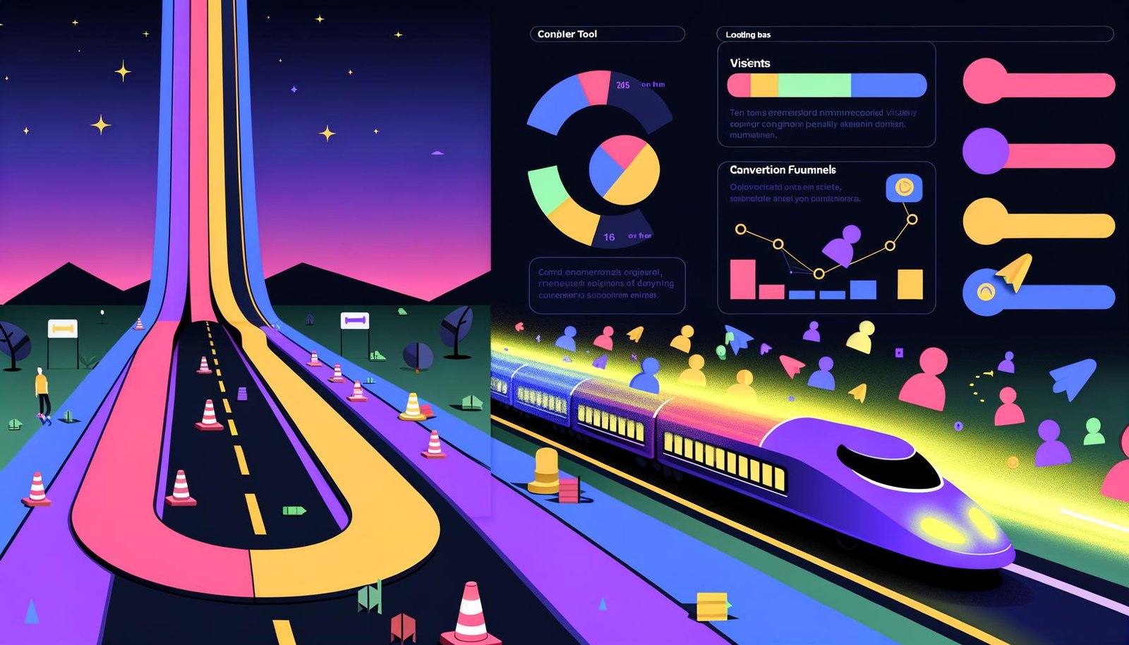 Illustration eines modernen ICE, der auf einer digitalen Autobahn durch eine neonfarbene Landschaft in einen stylischen Conversion-Funnel fährt. Analytik-Icons und digitale Tools umgeben die Szene.