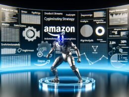 Titelbild mit hypermoderner, digitalisierter Amazon-Produktliste und einer halb Mensch, halb Roboter Figur, die mit Cyber-Werkzeug am Amazon-Logo arbeitet; umgeben von Datenströmen, Keywords und Analyse-Diagrammen im reinen Tech-Look.