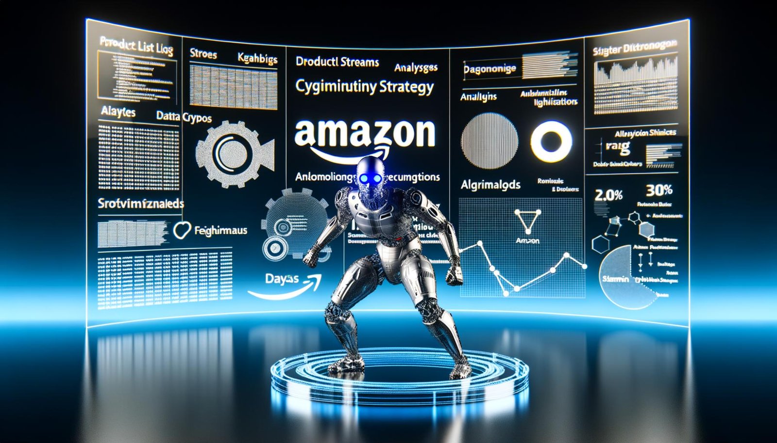 Titelbild mit hypermoderner, digitalisierter Amazon-Produktliste und einer halb Mensch, halb Roboter Figur, die mit Cyber-Werkzeug am Amazon-Logo arbeitet; umgeben von Datenströmen, Keywords und Analyse-Diagrammen im reinen Tech-Look.