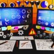 Magazin-Titelbild mit stylischem Schreibtisch, mehreren Monitoren mit Dashboards, Notizblättern, Post-its, Dreieck-PIE-Framework, technischen Icons und Roboterarmen für Conversion Hacking Workflow.