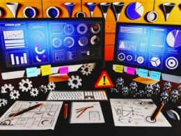 Magazin-Titelbild mit stylischem Schreibtisch, mehreren Monitoren mit Dashboards, Notizblättern, Post-its, Dreieck-PIE-Framework, technischen Icons und Roboterarmen für Conversion Hacking Workflow.