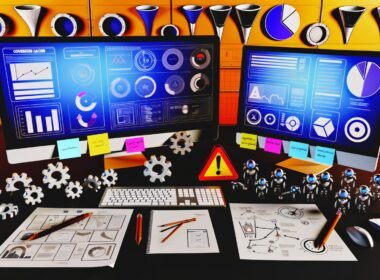 Magazin-Titelbild mit stylischem Schreibtisch, mehreren Monitoren mit Dashboards, Notizblättern, Post-its, Dreieck-PIE-Framework, technischen Icons und Roboterarmen für Conversion Hacking Workflow.