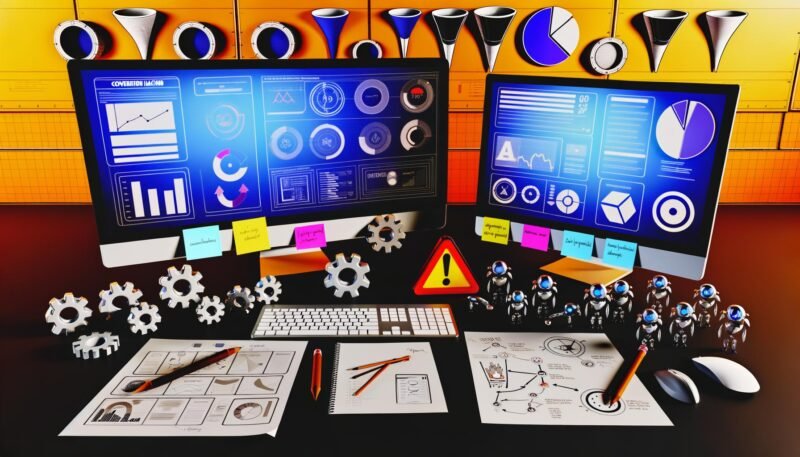 Magazin-Titelbild mit stylischem Schreibtisch, mehreren Monitoren mit Dashboards, Notizblättern, Post-its, Dreieck-PIE-Framework, technischen Icons und Roboterarmen für Conversion Hacking Workflow.