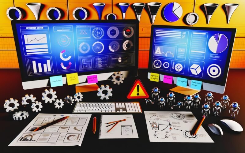 Magazin-Titelbild mit stylischem Schreibtisch, mehreren Monitoren mit Dashboards, Notizblättern, Post-its, Dreieck-PIE-Framework, technischen Icons und Roboterarmen für Conversion Hacking Workflow.