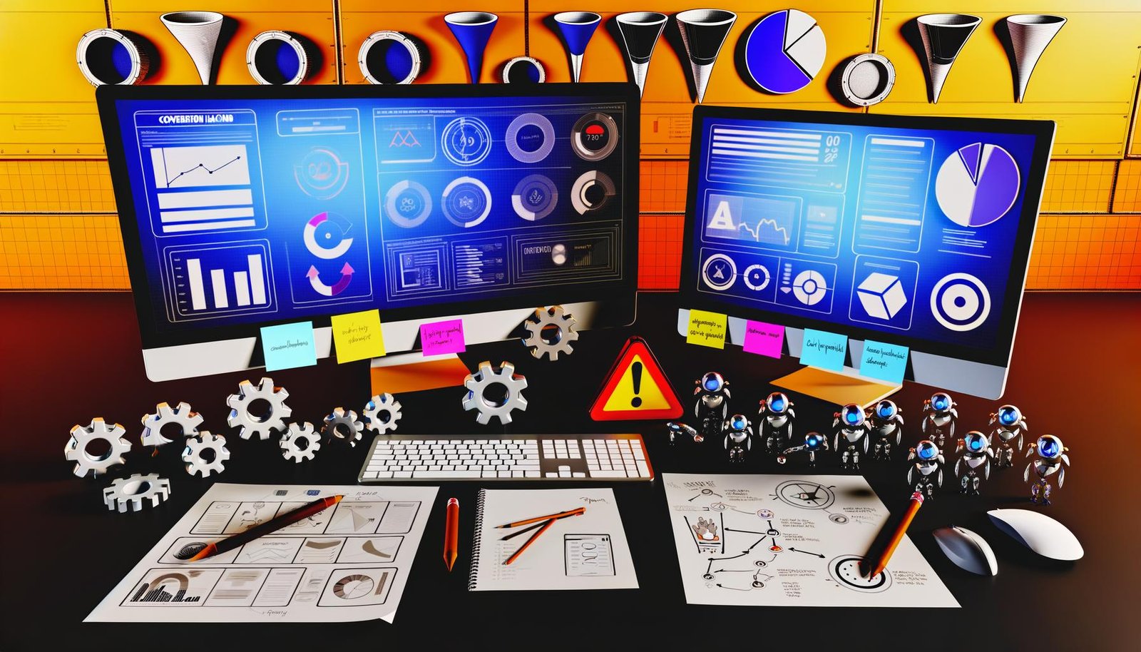 Magazin-Titelbild mit stylischem Schreibtisch, mehreren Monitoren mit Dashboards, Notizblättern, Post-its, Dreieck-PIE-Framework, technischen Icons und Roboterarmen für Conversion Hacking Workflow.