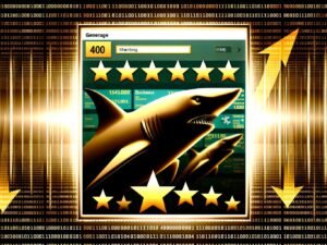 Amazon Interface mit mehreren Produktanzeigen, ein herausragendes Listing mit goldenen Sternen und Aufwärtspfeil im Vordergrund, andere Listings im Hintergrund verblassen; abstrakte Datenströme und Algorithmus-Symbole visualisieren Technik und Wettbewerb.