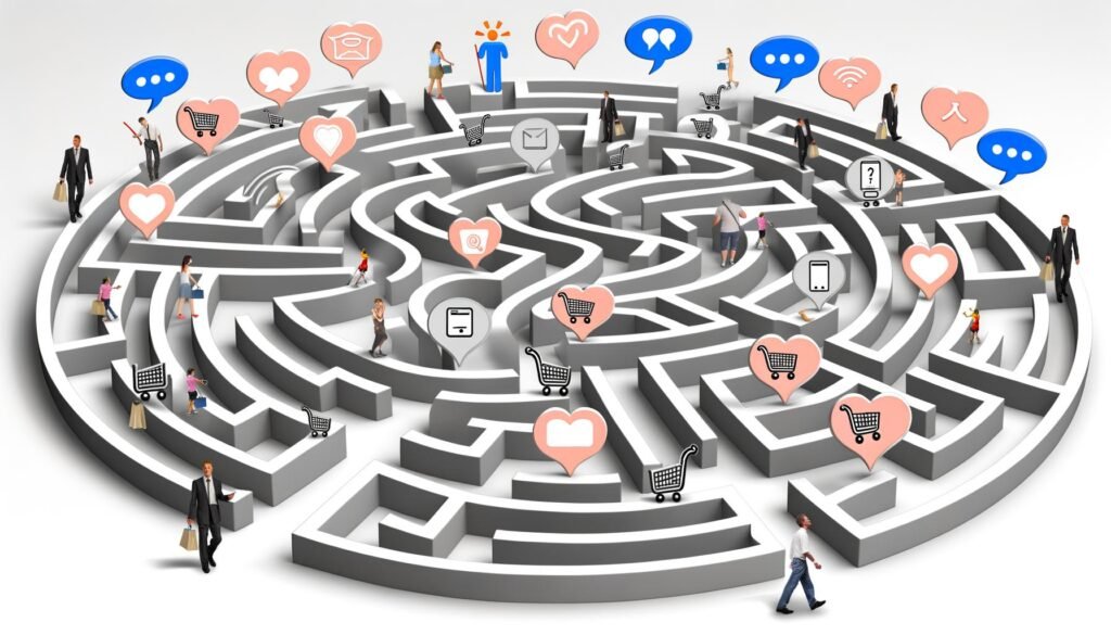 Stilisiertes Labyrinth mit digitalen Icons und Menschen verschiedener Zielgruppen, die zwischen Einkaufskorb-, Herz-, Chat- und Social Media-Symbolen navigieren, umgeben von Sprechblasen mit Frage- und Ausrufezeichen.
