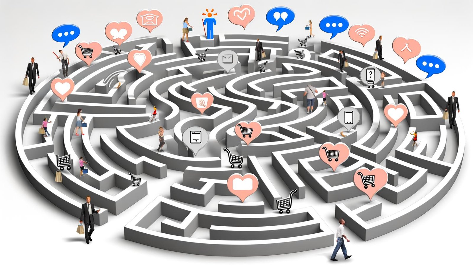 Stilisiertes Labyrinth mit digitalen Icons und Menschen verschiedener Zielgruppen, die zwischen Einkaufskorb-, Herz-, Chat- und Social Media-Symbolen navigieren, umgeben von Sprechblasen mit Frage- und Ausrufezeichen.