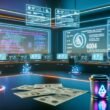 Futuristischer Digital Creator-Arbeitsplatz 2025 mit großen Monitoren, Analysedaten, Roboterarm und 404 Magazine-Kaffeetasse unter Neonlicht.