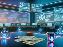 Futuristischer Digital Creator-Arbeitsplatz 2025 mit großen Monitoren, Analysedaten, Roboterarm und 404 Magazine-Kaffeetasse unter Neonlicht.