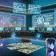 Futuristischer Digital Creator-Arbeitsplatz 2025 mit großen Monitoren, Analysedaten, Roboterarm und 404 Magazine-Kaffeetasse unter Neonlicht.