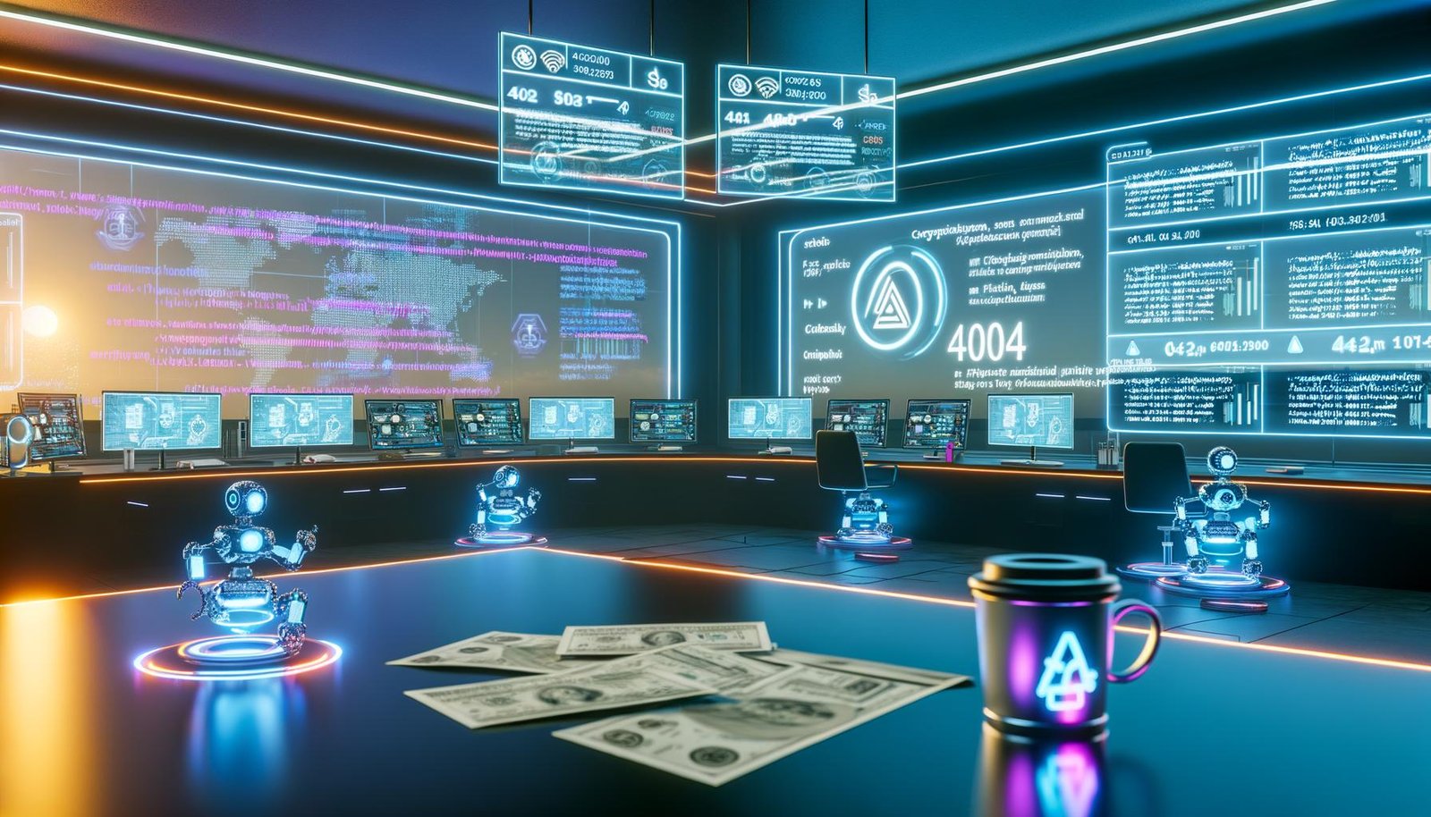 Futuristischer Digital Creator-Arbeitsplatz 2025 mit großen Monitoren, Analysedaten, Roboterarm und 404 Magazine-Kaffeetasse unter Neonlicht.