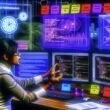 Webentwickler sitzt fokussiert an einem multi-monitor Arbeitsplatz mit Joomla-Backend, Code und SEO-Dashboards, umgeben von Whiteboards mit Website-Strukturen und SEO-Metriken.