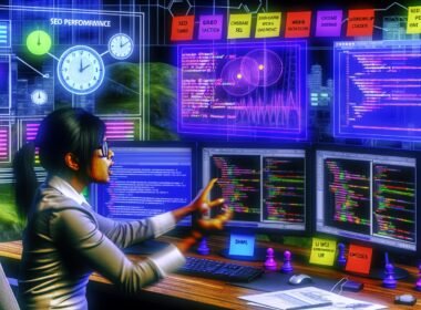 Webentwickler sitzt fokussiert an einem multi-monitor Arbeitsplatz mit Joomla-Backend, Code und SEO-Dashboards, umgeben von Whiteboards mit Website-Strukturen und SEO-Metriken.