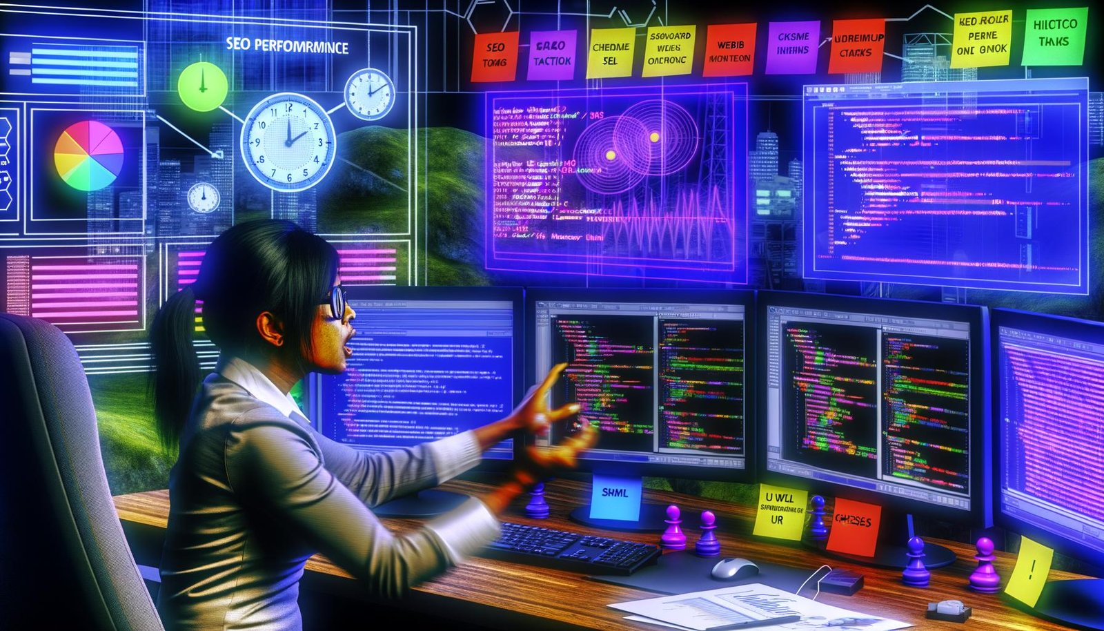 Webentwickler sitzt fokussiert an einem multi-monitor Arbeitsplatz mit Joomla-Backend, Code und SEO-Dashboards, umgeben von Whiteboards mit Website-Strukturen und SEO-Metriken.