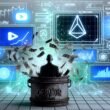 Titelillustration: Content Creator vor Bildschirmen mit Social Media Logos, Geldströmen und Diagrammen, umgeben von Algorithmus- und Analyse-Grafiken sowie einem undurchsichtigen Geldtopf als Creator Fund.