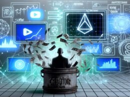 Titelillustration: Content Creator vor Bildschirmen mit Social Media Logos, Geldströmen und Diagrammen, umgeben von Algorithmus- und Analyse-Grafiken sowie einem undurchsichtigen Geldtopf als Creator Fund.
