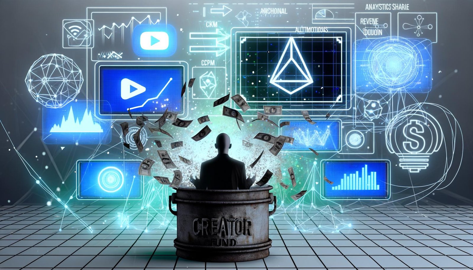 Titelillustration: Content Creator vor Bildschirmen mit Social Media Logos, Geldströmen und Diagrammen, umgeben von Algorithmus- und Analyse-Grafiken sowie einem undurchsichtigen Geldtopf als Creator Fund.