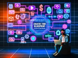 Futuristisches Titelbild: Creator mit Laptop vor Bildschirm, Social-Media-Interfaces, Algorithmen, Zahlen und High-Tech-Grafiken in urbaner Nachtästhetik.