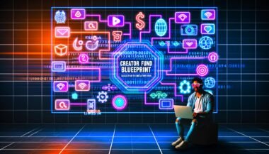 Futuristisches Titelbild: Creator mit Laptop vor Bildschirm, Social-Media-Interfaces, Algorithmen, Zahlen und High-Tech-Grafiken in urbaner Nachtästhetik.
