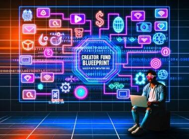 Futuristisches Titelbild: Creator mit Laptop vor Bildschirm, Social-Media-Interfaces, Algorithmen, Zahlen und High-Tech-Grafiken in urbaner Nachtästhetik.