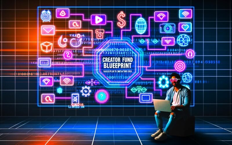 Futuristisches Titelbild: Creator mit Laptop vor Bildschirm, Social-Media-Interfaces, Algorithmen, Zahlen und High-Tech-Grafiken in urbaner Nachtästhetik.