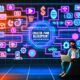 Futuristisches Titelbild: Creator mit Laptop vor Bildschirm, Social-Media-Interfaces, Algorithmen, Zahlen und High-Tech-Grafiken in urbaner Nachtästhetik.