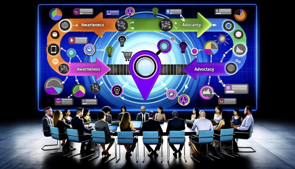 Digitales Marketingteam analysiert Conversion Journey Map mit SaaS-Logos und Datenvisualisierungen in moderner Büro-Atmosphäre.