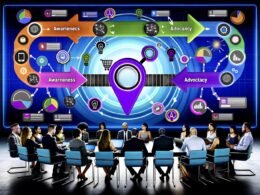 Digitales Marketingteam analysiert Conversion Journey Map mit SaaS-Logos und Datenvisualisierungen in moderner Büro-Atmosphäre.