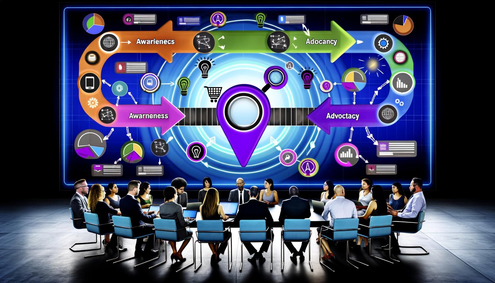 Digitales Marketingteam analysiert Conversion Journey Map mit SaaS-Logos und Datenvisualisierungen in moderner Büro-Atmosphäre.