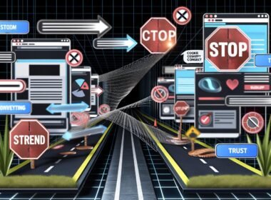 Dynamische Online-Marketing-Parcours-Grafik mit modernen Geräten, großen CTA-Buttons, Hindernissen wie Stoppschildern, Cookie-Banner und Tracking-Lücken, einem stolpernden Nutzer und schwebenden Datenströmen.