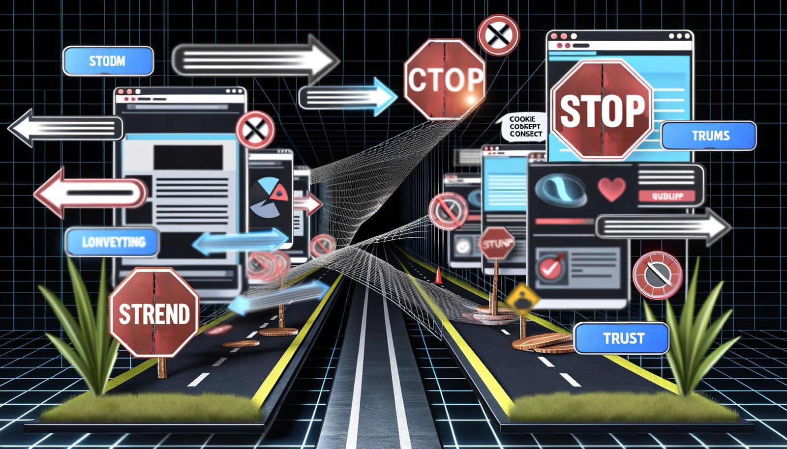 Dynamische Online-Marketing-Parcours-Grafik mit modernen Geräten, großen CTA-Buttons, Hindernissen wie Stoppschildern, Cookie-Banner und Tracking-Lücken, einem stolpernden Nutzer und schwebenden Datenströmen.