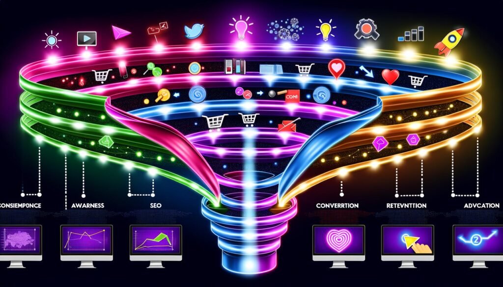 Futuristische Illustration eines digitalen Conversion-Funnels mit bunten Traffic-Strömen, Phasen-Icons wie Lupe und Einkaufswagen, Analyse-Elementen und vernetzten Monitoren für Online-Marketing.