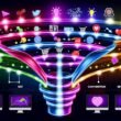 Futuristische Illustration eines digitalen Conversion-Funnels mit bunten Traffic-Strömen, Phasen-Icons wie Lupe und Einkaufswagen, Analyse-Elementen und vernetzten Monitoren für Online-Marketing.
