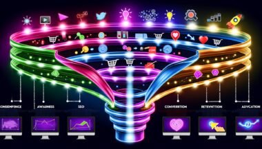 Futuristische Illustration eines digitalen Conversion-Funnels mit bunten Traffic-Strömen, Phasen-Icons wie Lupe und Einkaufswagen, Analyse-Elementen und vernetzten Monitoren für Online-Marketing.