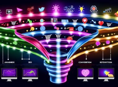 Futuristische Illustration eines digitalen Conversion-Funnels mit bunten Traffic-Strömen, Phasen-Icons wie Lupe und Einkaufswagen, Analyse-Elementen und vernetzten Monitoren für Online-Marketing.